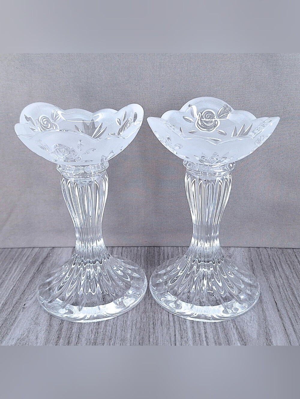 Vtg Oneida Crystal Candle Holders Southern Garden Rose Cup Dining Collectible